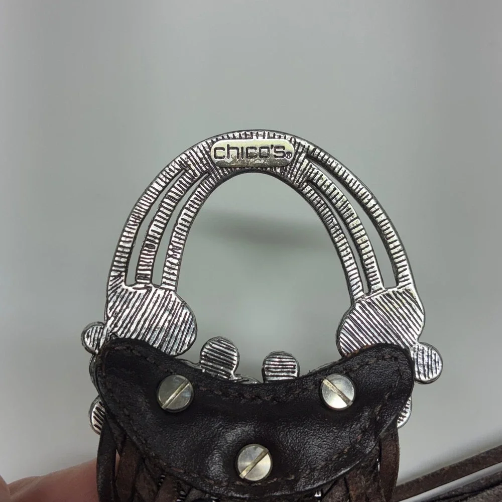Vintage Chico's Braided‎ Brown Leather Belt Amber Black Cabochon Boho Statement